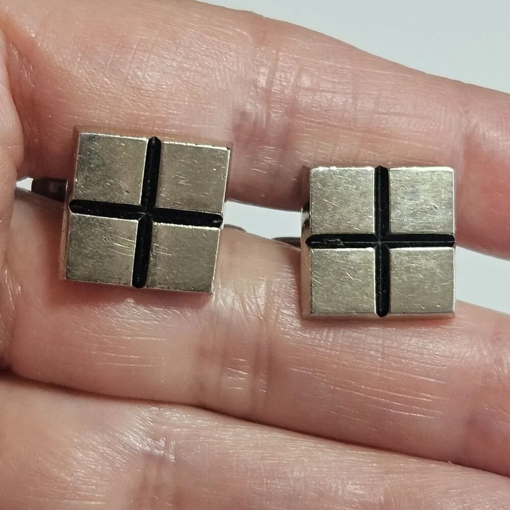 Vintage Hickok Cuff Links Set Silver Tone With Black Square